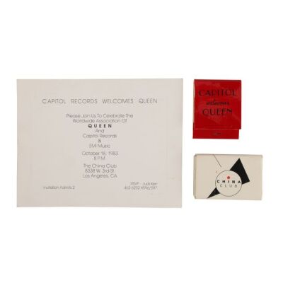 327. The Peter Hince Collection: "Capitol Records Welcomes Queen" Party Invitation and Two Matchboxes ### QUEEN