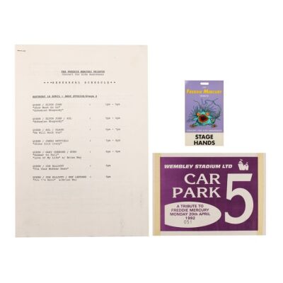 329. The Peter Hince Collection: Freddie Mercury Tribute Concert Rehearsal Schedule, "Stage Hands" Pass and Car Park Permit ### QUEEN
