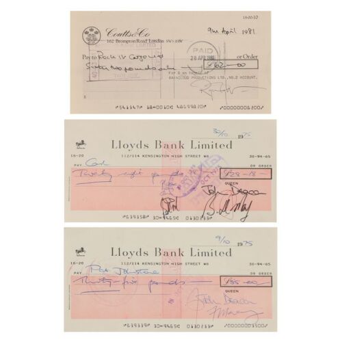 365. Set of Three Lloyds Bank and Coutts & Co. Cheques Signed by Freddie Mercury, Brian May, Roger Taylor and John Deacon, 1975 and 1981 ### QUEEN