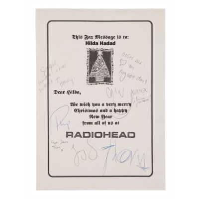388. Thom Yorke, Jonny Greenwood, Philip Selway, Colin Greenwood and Ed O'Brien-Autographed Christmas Greeting with Handwritten Messages ### RADIOHEAD