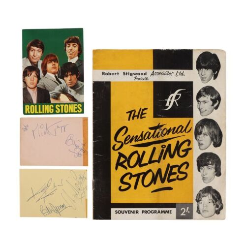 396. Pages Autographed by Mick Jagger, Brian Jones, Keith Richard, Bill Wyman and Charlie Watts, Postcard, and Souvenir Programme ### THE ROLLING STONES