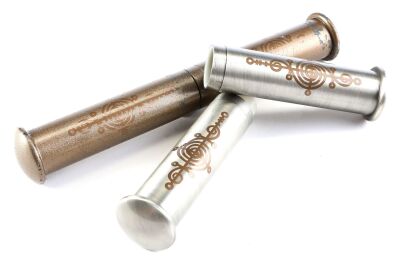 Lot #4: Pair of Empty Silver and Bronze-Color Vulcan Science Academy Diploma Tubes ### STAR TREK: DISCOVERY (TV SERIES, 2017-2024)