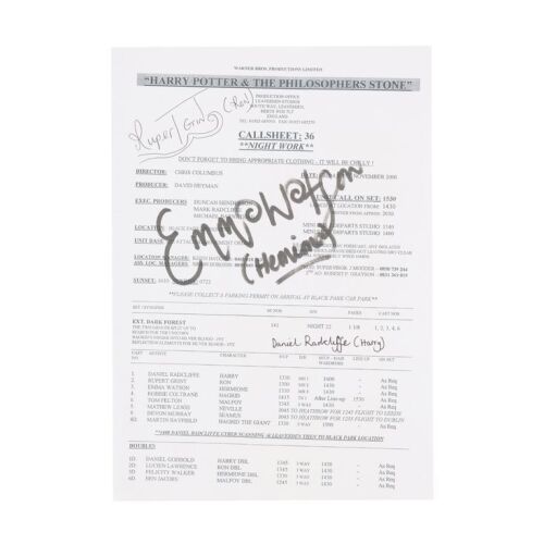 170. Cast-Autographed Call Sheet (Rupert, Emma, Daniel) ### HARRY POTTER AND THE PHILOSOPHER'S STONE (2001)