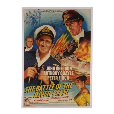 551. British One-Sheet; 69 cm x 99.5 cm (27" x 39.25"), Fine+ Linen-Backed; Unknown Artist ### BATTLE OF THE RIVER PLATE, THE (1956)