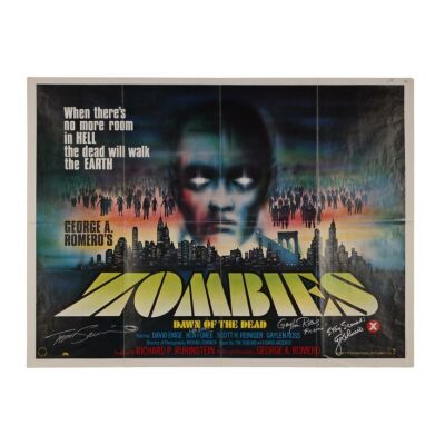 598. George Romero, Tom Savini, Ken Foree and Gaylen Ross-Autographed British Quad; 102 cm x 76 cm (40" x 30"), Fine+ Folded; Tom Chantrell ### DAWN OF THE DEAD (1978)