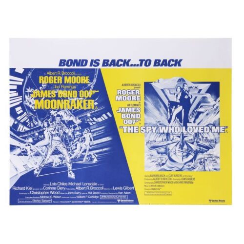717. Double Bill British Quad; 102 cm x 76 cm (40" x 30"), Near Mint Rolled; Daniel Goozee, Bob Peak ### JAMES BOND: THE SPY WHO LOVED ME (1977) / JAMES BOND: MOONRAKER (1979)