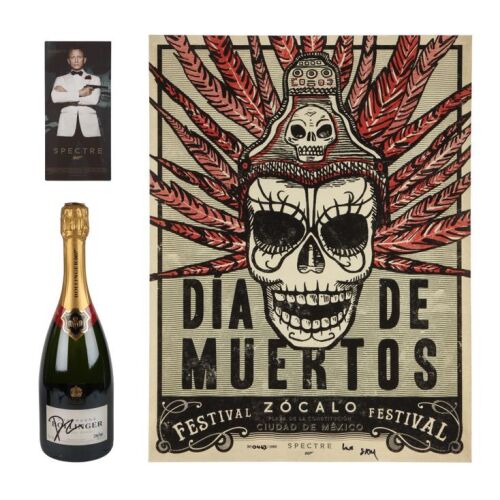 731. Sam Mendes-Autographed Day of The Dead Crew Poster, Daniel Craig-Autographed Bollinger Champagne and Screening Ticket; (poster): 42 cm x 55.5 cm (16.5" x 21.75"), Unknown Artist ### JAMES BOND: SPECTRE (2015)