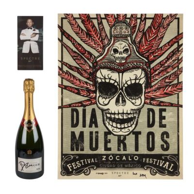 731. Sam Mendes-Autographed Day of The Dead Crew Poster, Daniel Craig-Autographed Bollinger Champagne and Screening Ticket; (poster): 42 cm x 55.5 cm (16.5" x 21.75"), Unknown Artist ### JAMES BOND: SPECTRE (2015)