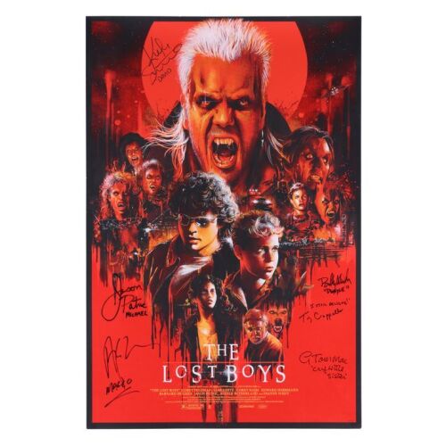 759. Kiefer Sutherland, Jason Patric, Alex Winter, Billy Wirth, Gerard McMahon and Tim Cappello-Autographed Alternative Movie Poster; 61 cm x 91 cm (24" x 36"), Near Mint- Rolled; Vance Kelly ### LOST BOYS, THE (1987)