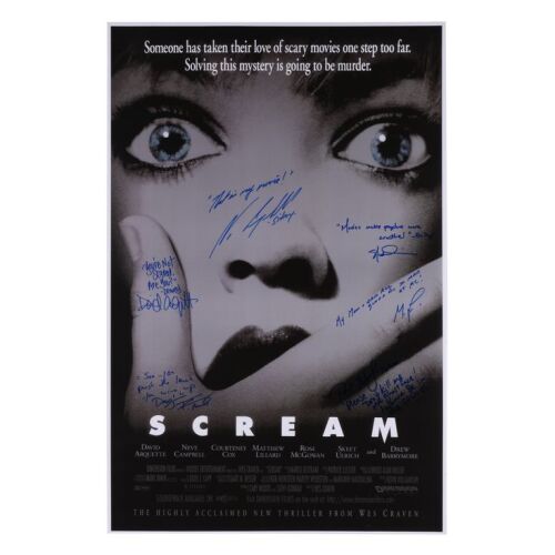 820. Neve Campbell, David Arquette, Matthew Lillard, Skeet Ulrich, Rose McGowan and Jamie Kennedy Autographed Reproduction Poster; 61 x 91 cm (24" x 36"), Tarhan Creative ### SCREAM (1996)