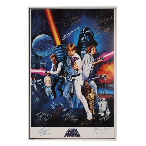 839. Ewan McGregor, Jeremy Bulloch, David Prowse, Peter Mayhew, Anthony Daniels, Kenny Baker, Hayden Christensen and Others-Autographed Reproduction Poster ; 92 cm x 61 cm (36.25" x 24"), Tom Chantrell ### STAR WARS: A NEW HOPE (1977)