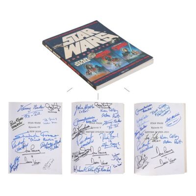 860. Peter Mayhew, David Prowse, Kenny Baker, Jeremy Bulloch, Irvin Kershner and Others-Autographed "Star Wars: The Scripts" Book; 27.75 x 22 x 1.5 cm (11" x 8.75" x 0.5"), Paperback; Unknown Artist ### STAR WARS: ORIGINAL TRILOGY (1977-1983)