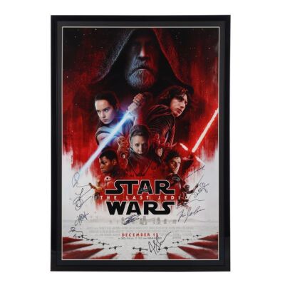 863. Framed Mark Hamill, Daisy Ridley, Adam Driver, John Boyega and Oscar Isaac-Autographed US One-Sheet; (framed): 78 x 110.5 x 2 cm (30.75" x 43.5" x 0.75"), ### STAR WARS: THE LAST JEDI (2017)