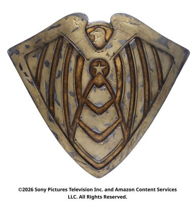 Lot #195: Soldier Boy's Screen-Matched Stunt "Here Comes a Candle to Light You to Bed" Shield ### THE BOYS (T.V. SERIES, 2019 - 2026)