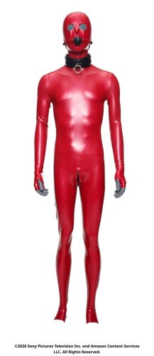 Lot #399: Laddio's Tek Knight Dungeon Rubber Red Suit with Mask and Collar ### THE BOYS (T.V. SERIES, 2019 - 2026)