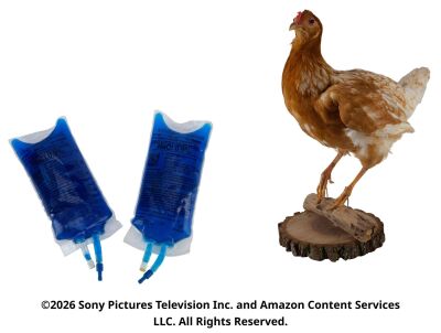 Lot #380: Pair of Compound V Intravenous Bags and Compound V-Infected Chicken Stand-in ### THE BOYS (T.V. SERIES, 2019 - 2026)