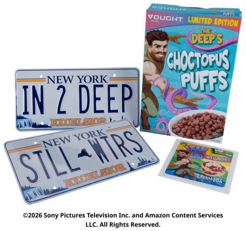 Lot #286: The Deep's License Plates, Chocotopus Puffs Cereal Box and Lean Lad Sticker ### THE BOYS (T.V. SERIES, 2019 - 2026)