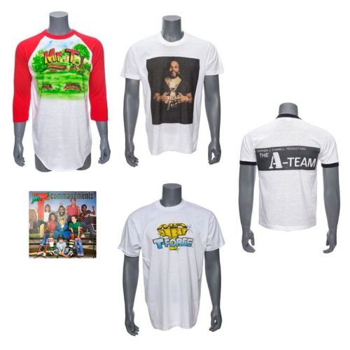 412. Set of Four The A-Team, Mr. T and the T-Force, and Mr. T Crew and Promotional Shirts with "Mr. T's Commandments" Record Cover ### MR. T