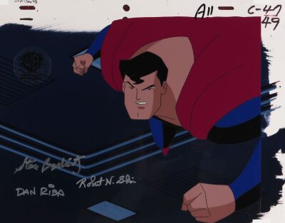 41. Superman Original Production Cel from "World's Finest Part 3" on Studio Printed Photographic Background Signed by Stan Berkowitz, Dan Riba and Robert N. Skir ### SUPERMAN: THE ANIMATED SERIES (TV SERIES, 1996-2000)