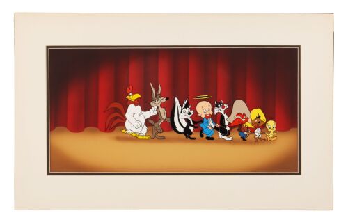 89. Bugs Bunny, Wile E. Coyote, Pep� Le Pew, Elmer Fudd, Sylvester, Yosemite Sam, Speedy Gonzales, and Tweety Bird Promotional Publicity Cel on Hand-Painted Master Background ### WARNER BROS. STUDIOS