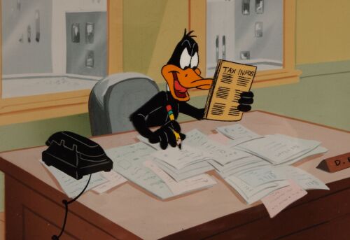 90. Daffy Duck Doing His Taxes Original Production Cel on Studio Printed Photographic Background ### WARNER BROS. STUDIOS