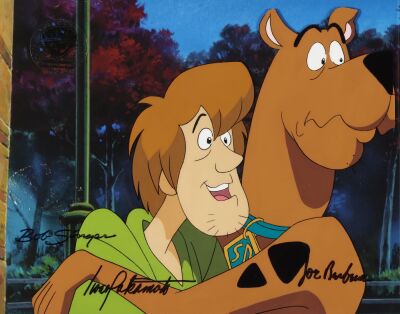 117. Scooby-Doo Jumps Into Shaggy Rogers' Arms Original Production Cels on Fine Art Gicl&eacute;e Background Signed by Bob Singer, Iwao Takamoto and Joe Barbera ### SCOOBY-DOO (TV SERIES, 1969-PRESENT)