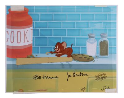 131. Jerry Mouse Original Production Cel on Studio Printed Photographic Background Signed by Bill Hanna and Joe Barbera ### TOM AND JERRY (TV SERIES, 1940-1968)
