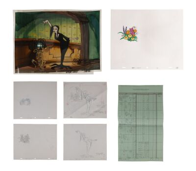 309. Morticia Addams Watering the Flowers Original Production Cels and Matching Production Drawings, Camera Layout Drawings Signed by Ron Myrick and Timing Sheet ### ADDAMS FAMILY, THE (TV SERIES, 1992-1993)