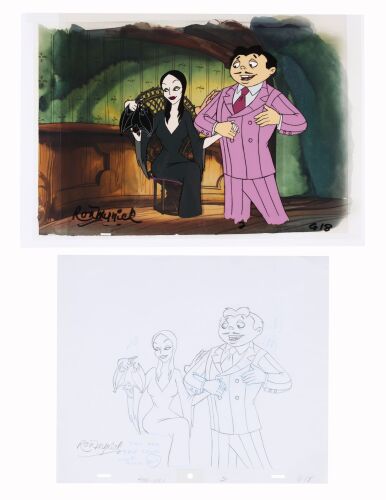 313. Morticia and Gomez Addams Original Production Cel and Matching Drawing on Fine Art Giclee Background Signed by Ron Myrick ### ADDAMS FAMILY, THE (TV SERIES, 1992-1993)