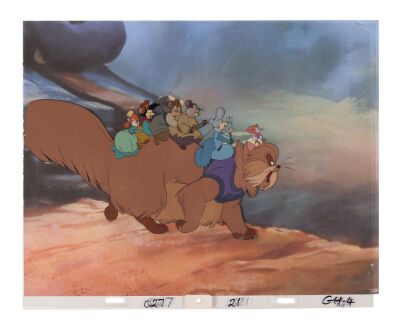 321. Bridget, Tony Toponi, Mama and Papa Mousekewitz and Gussie Mausheimer riding Tiger the Cat Original Production Cel on Printed Presentation Background ### AN AMERICAN TAIL (1986)