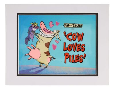 345. Original Hand-Painted Title Card Original Production Cel from "Cow Loves Piles" on Hand-Painted Key Master Production Background Matted ### COW AND CHICKEN (TV SERIES, 1997-1999)