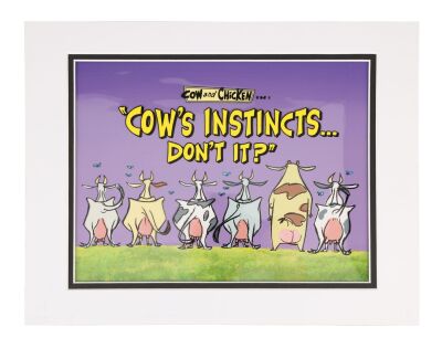 346. Original Hand-Painted Title Card Original Production Cel from "Cow's Instincts... Don't It?" on Hand-Painted Key Master Production Background Matted ### COW AND CHICKEN (TV SERIES, 1997-1999)