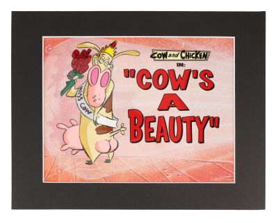 347. Original Hand-Painted Title Card Original Production Cel from "Cow's A Beauty" on Hand-Painted Key Master Production Background Matted ### COW AND CHICKEN (TV SERIES, 1997-1999)
