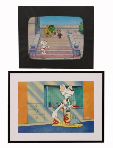 350. Dangermouse, Penfold and Baron Silas Greenback and Dangermouse Training, a Pair of Two Original Production Cel on Printed Presentation Background Setups ### DANGER MOUSE (TV SERIES, 1981-1992)