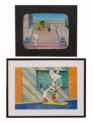 350. Dangermouse, Penfold and Baron Silas Greenback and Dangermouse Training, a Pair of Two Original Production Cel on Printed Presentation Background Setups ### DANGER MOUSE (TV SERIES, 1981-1992)