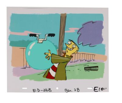 353. Ed and the Cluck Ball Original Production Cel from "Cry Ed" on Printed Presentation Background ### ED, EDD N EDDY (TV SERIES, 1999-2008)