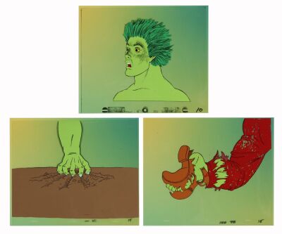 361. Set of Three Original Production Cels Featuring Bruce Banner Transforming on Printed Presentation Background ### INCREDIBLE HULK, THE (TV SERIES, 1982-1983)
