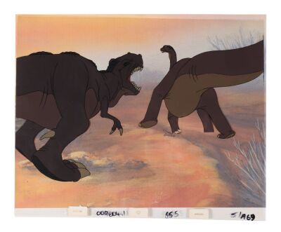 368. Sharptooth Battles Littlefoot's Mother Original Production Cel on Printed Presentation Background ### LAND BEFORE TIME, THE (1988)