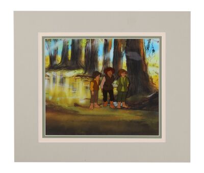 372. Pippin, Frodo and Merrie Original Production Cels on Fine Art Gicl&eacute;e Background Matted ### LORD OF THE RINGS, THE (1978)