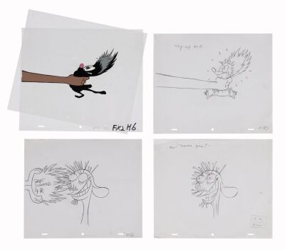 390. Grab a Skunk Original Production Cel and Matching Original production drawing Paired with 2 Ren and Hedgehog In The Face Production Drawings from "School Mates" ### REN AND STIMPY (TV SERIES, 1991-1996)
