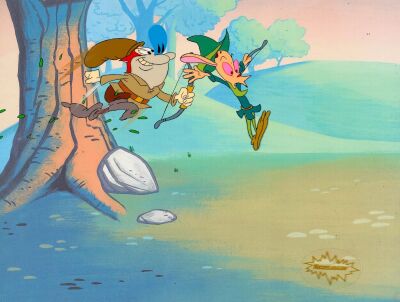 391. Ren and Stimpy Original Production Cel from "Robin H�ek" on Printed Presentation Background ### REN AND STIMPY (TV SERIES, 1991-1996)