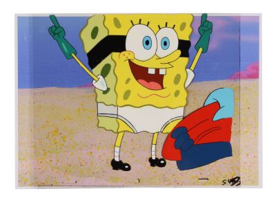 409. SpongeBob as Barnacle Boy Original Production Cels from "Mermaid Man and Barnacle Boy II" on Fine Art Gicl&eacute;e Background ### SPONGEBOB SQUAREPANTS (TV SERIES, 1999 - PRESENT)