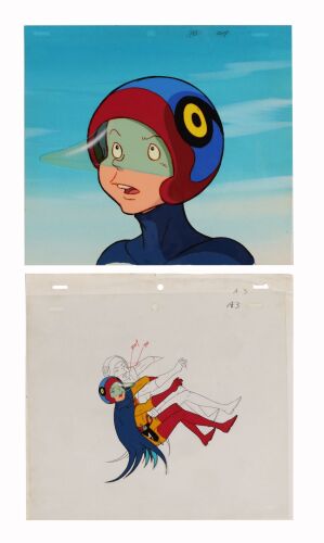 454. G-4 Jinpei the Swallow Original Production Cels on Printed Presentation Background ### GATCHAMAN (TV SERIES, 1972-1980)