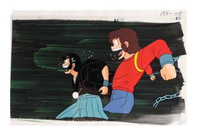 495. Ataru and Mend? Original Production Cel from "Love of the Armored Daughter! Maiden Heart is Shaky Wobbling" on Hand-Painted Key Master Production Background ### URUSEI YATSURA (TV SERIES, 1981-1986)