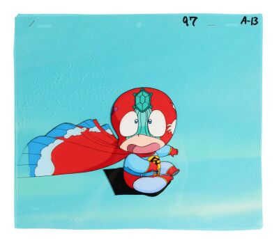 496. Ten Original Production Cel from "Man or Bird? Luxurious Ally of Justice!" on Original Production Background ### URUSEI YATSURA (TV SERIES, 1981-1986)