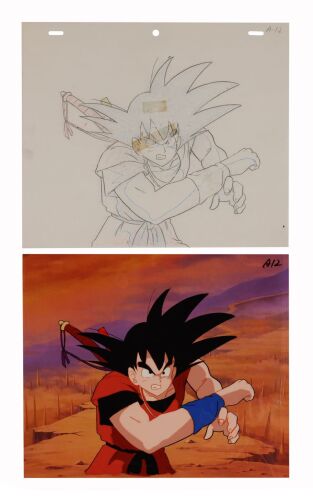 499. Goku Original Production Cel with Matching Douga from "Mystery of the Dark World" on Printed Presentation Background ### DRAGON BALL (TV SERIES, 1986-1989)