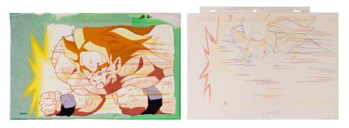 500. Super Saiyan Goku Original Production Pan Cel with Matching Douga from "Namek's Explosion... Goku's End?" on Hand-Painted Master Background ### DRAGON BALL Z (TV SERIES, 1989-1996)