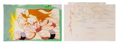 500. Super Saiyan Goku Original Production Pan Cel with Matching Douga from "Namek's Explosion... Goku's End?" on Hand-Painted Master Background ### DRAGON BALL Z (TV SERIES, 1989-1996)