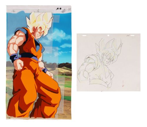 501. Super Saiyan Goku Original Production Pan Cel with Matching Douga from "Double Trouble for Goku" on Hand-Painted Master Background ### DRAGON BALL Z (TV SERIES, 1989-1996)