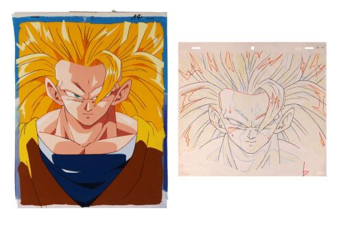 502. Super Saiyan 3 Goku Original Production Pan Cel with Matching Douga from "Goku's Time Is Up" on Hand-Painted Master Background ### DRAGON BALL Z (TV SERIES, 1989-1996)